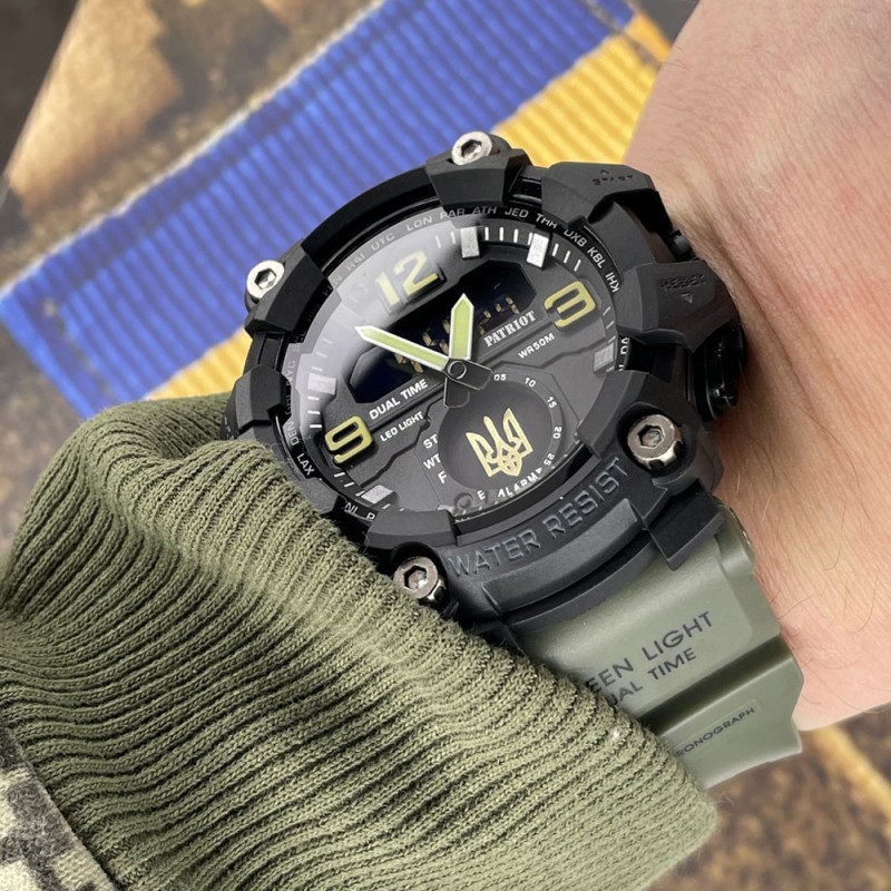 Чоловічий спортивний годинник Patriot 003AGUAGD Тризуб золото Зелені з комбінованим циферблатом