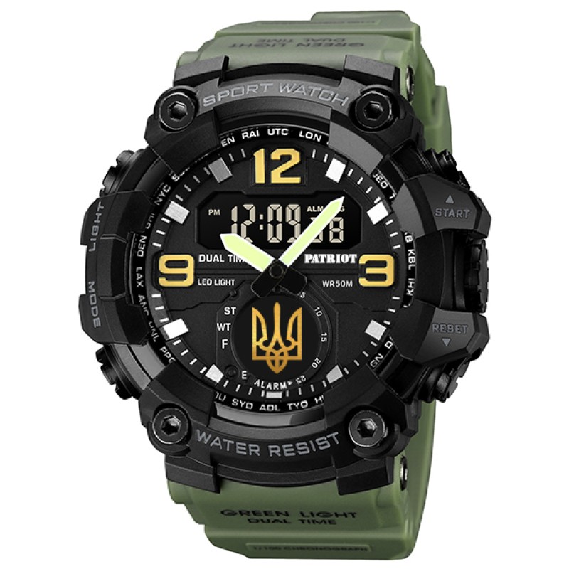 Чоловічий спортивний годинник Patriot 003AGUAGD Тризуб золото Зелені з комбінованим циферблатом