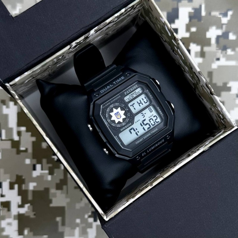 Чоловічий тактичний годинник Patriot 010BKPO Поліція Чорний з електронним циферблатом та підсвічуванням