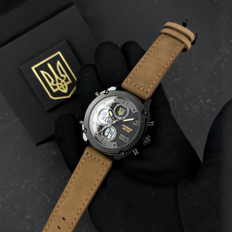 Чоловічий наручний годинник Patriot 017BKBR Тризуб золото Black-Brown зі стрілково-електронним циферблатом