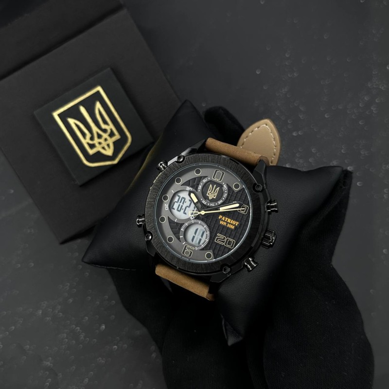 Чоловічий наручний годинник Patriot 017BKBR Тризуб золото Black-Brown зі стрілково-електронним циферблатом