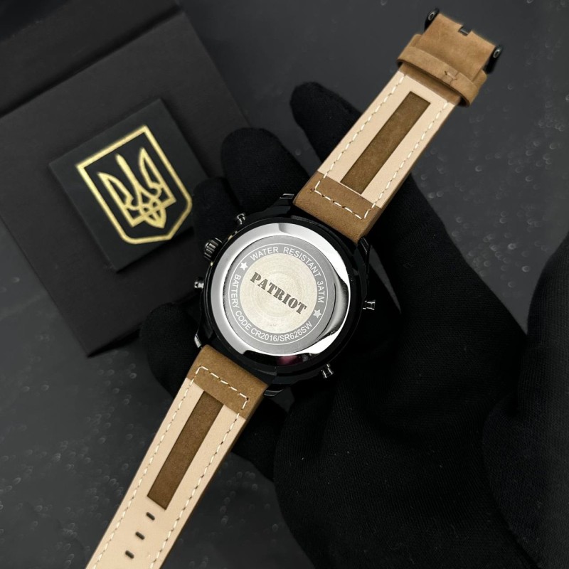 Чоловічий наручний годинник Patriot 017BKBR Тризуб золото Black-Brown зі стрілково-електронним циферблатом