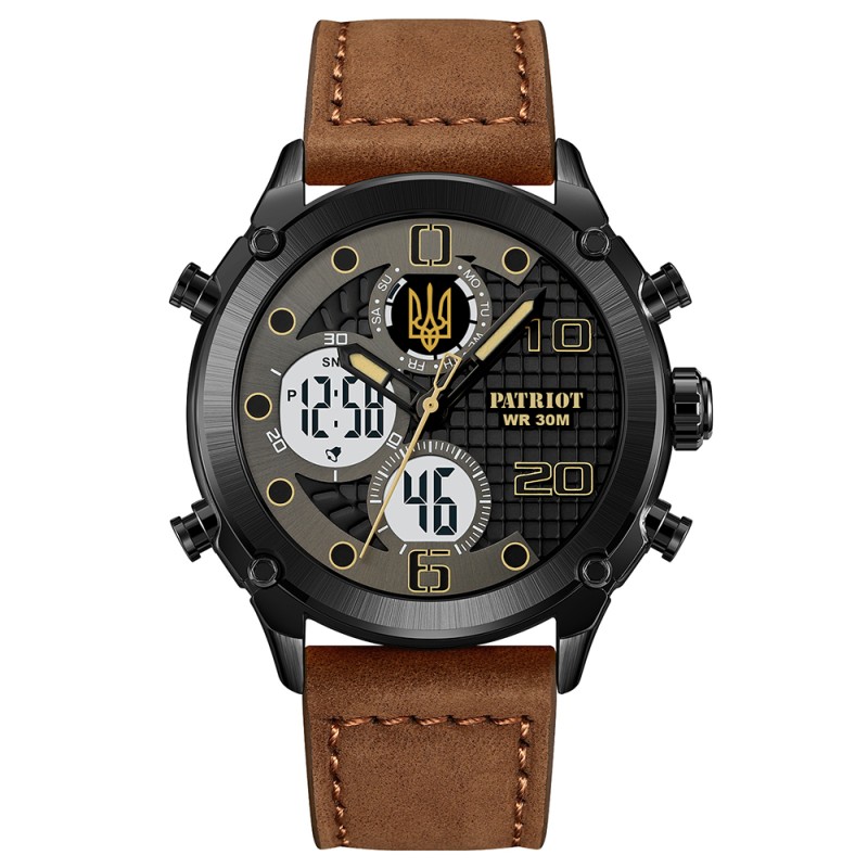 Чоловічий наручний годинник Patriot 017BKBR Тризуб золото Black-Brown зі стрілково-електронним циферблатом