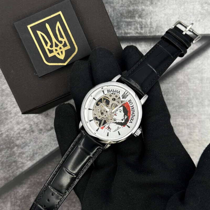 Жіночий механічний годинник Patriot 022 Silver-Black Вільна бо Українка, сріблястий корпус та чорний ремінець