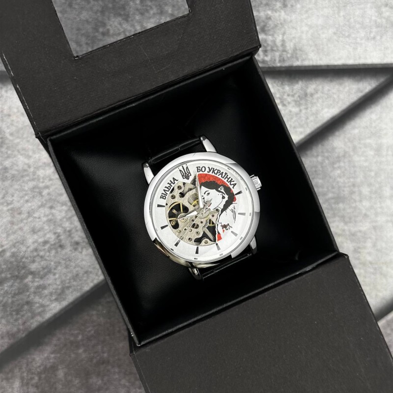 Жіночий механічний годинник Patriot 022 Silver-Black Вільна бо Українка, сріблястий корпус та чорний ремінець