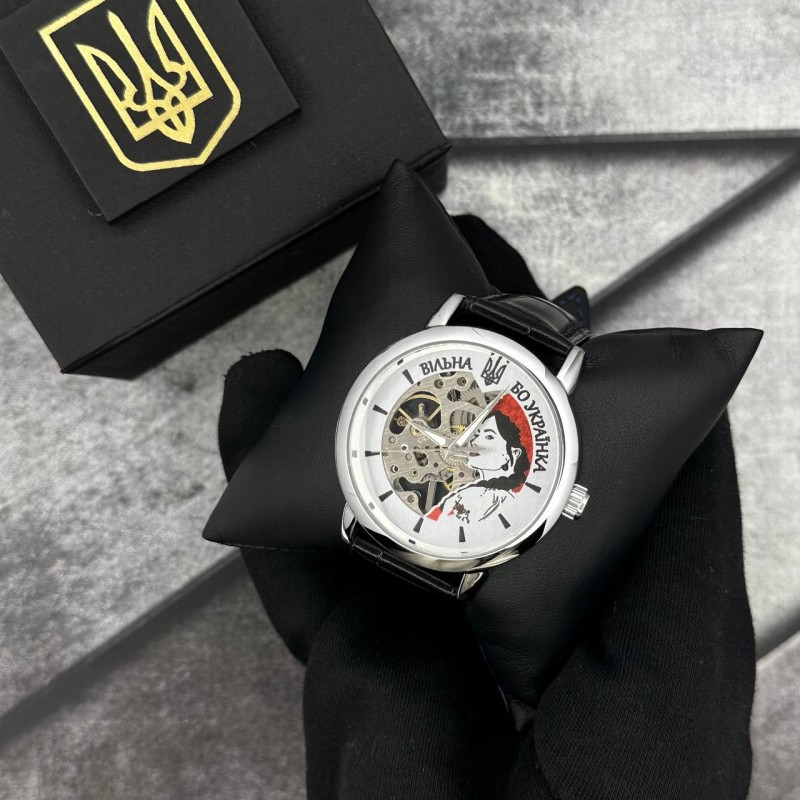Жіночий механічний годинник Patriot 022 Silver-Black Вільна бо Українка, сріблястий корпус та чорний ремінець