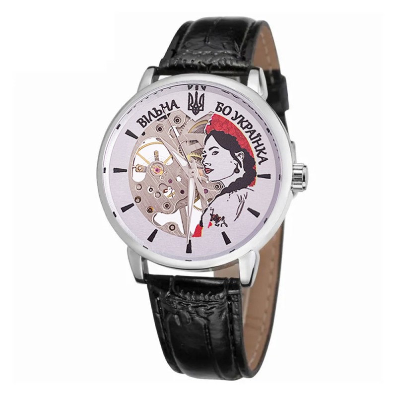 Жіночий механічний годинник Patriot 022 Silver-Black Вільна бо Українка, сріблястий корпус та чорний ремінець