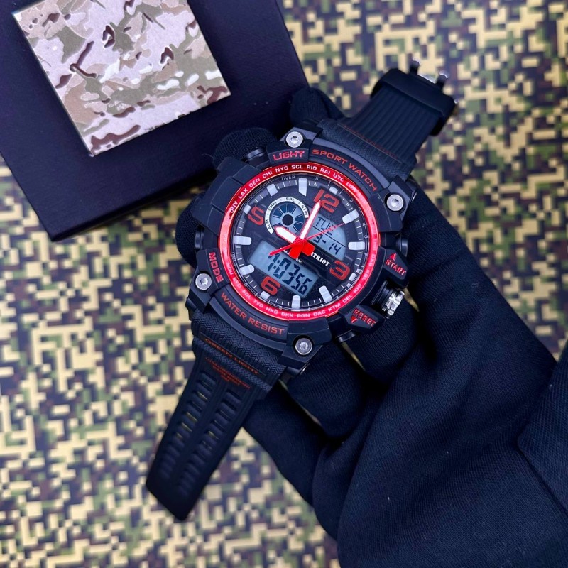 Чоловічий спортивний годинник Patriot 012RD Black-Red з комбінованим циферблатом та водозахистом 5 ATM