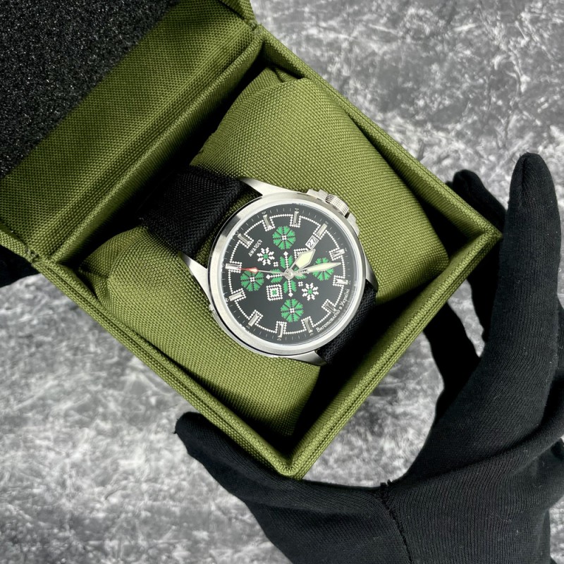 Чоловічий механічний годинник Awarder 040 Embroidery Silver-Green Black Automatic з сапфіровим склом 10ATM