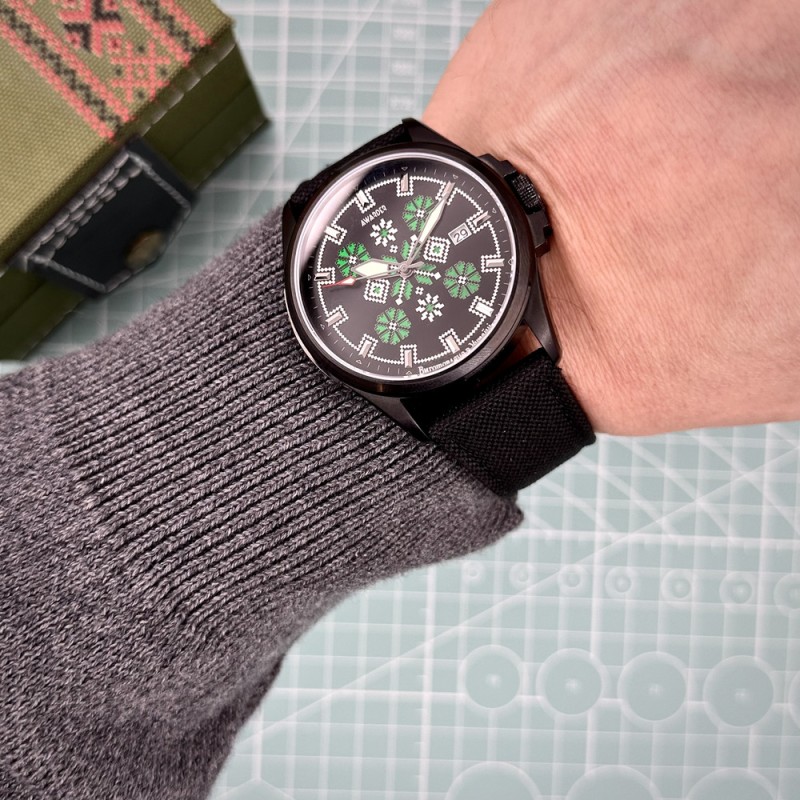 Чоловічий механічний годинник Awarder 040 Embroidery Silver-Green Black Automatic з сапфіровим склом 10ATM