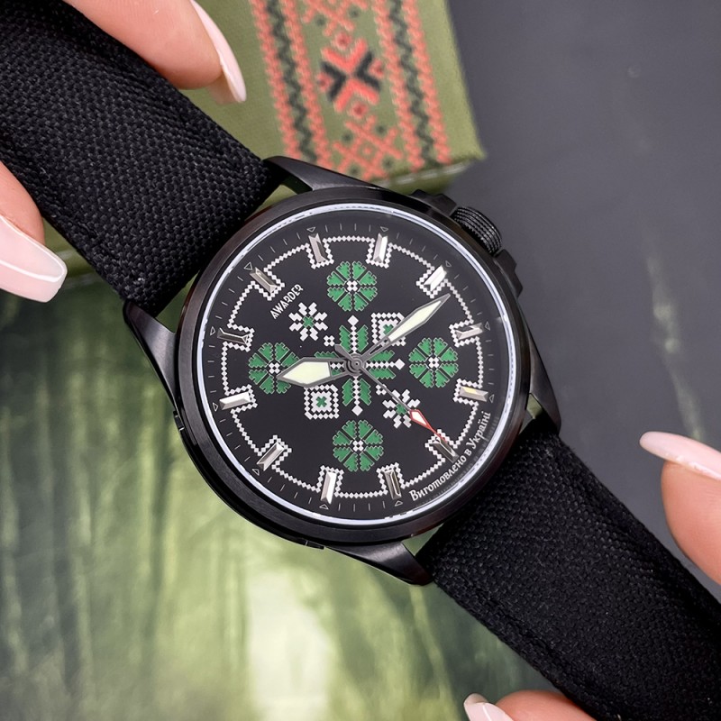 Мужские часы Awarder 041 Embroidery Black-Green с сапфировым стеклом и водозащитой 10ATM