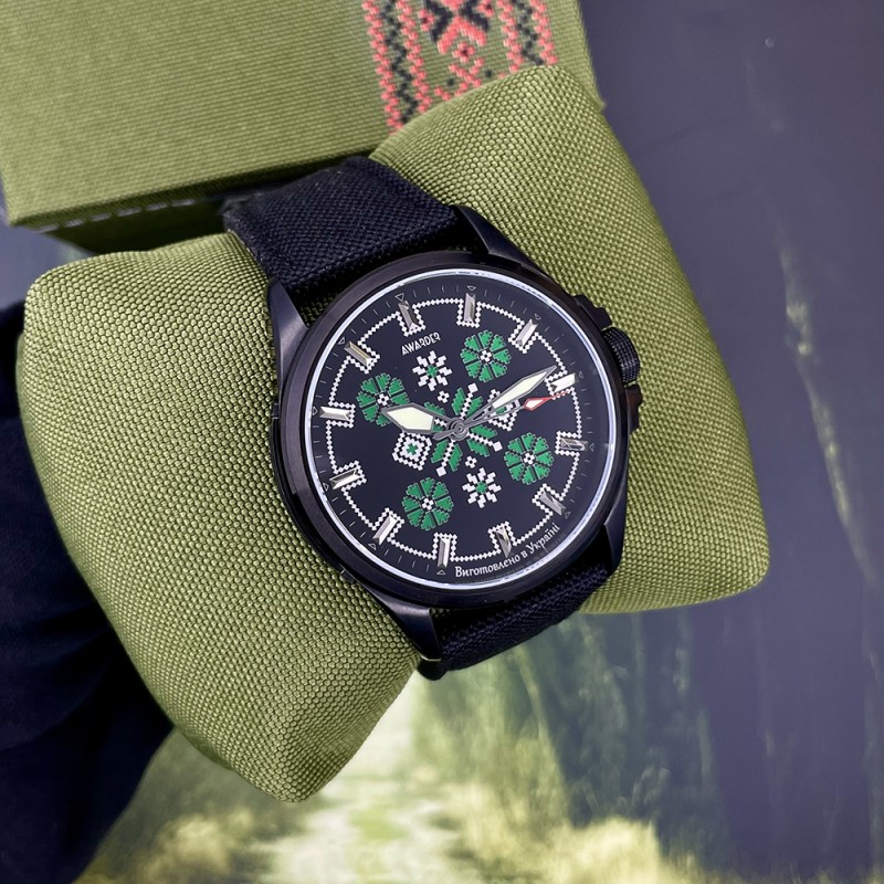 Мужские часы Awarder 041 Embroidery Black-Green с сапфировым стеклом и водозащитой 10ATM