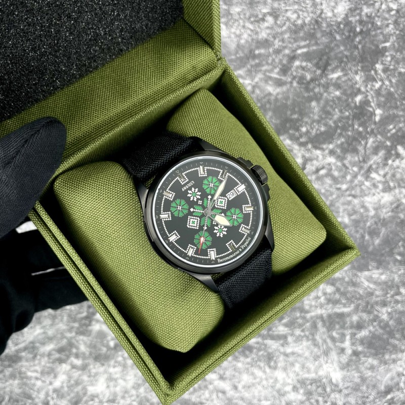 Чоловічий годинник Awarder 040 Embroidery Black-Green Black Automatic з сапфіровим склом та 10 ATM