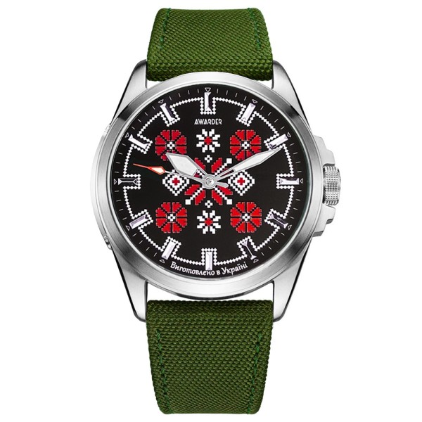 Мужские часы Awarder 041 Embroidery Silver-Red Green с сапфировым стеклом и водозащитой 10 ATM