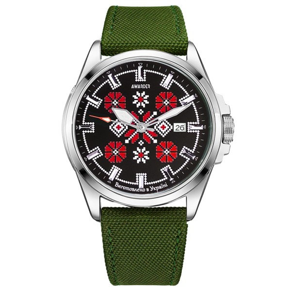 Чоловічий механічний годинник Awarder 040 Embroidery Silver-Red Green Automatic з сапфіровим склом 10ATM