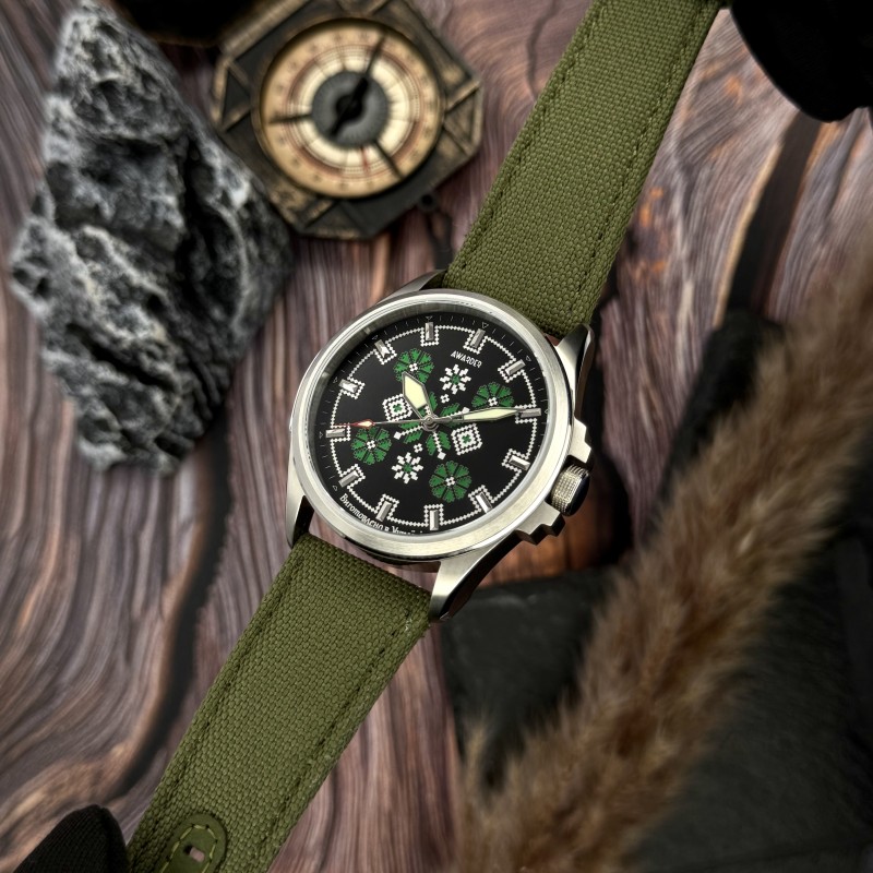 Мужские часы Awarder 041 Embroidery Silver-Green с сапфировым стеклом и водозащитой 10ATM
