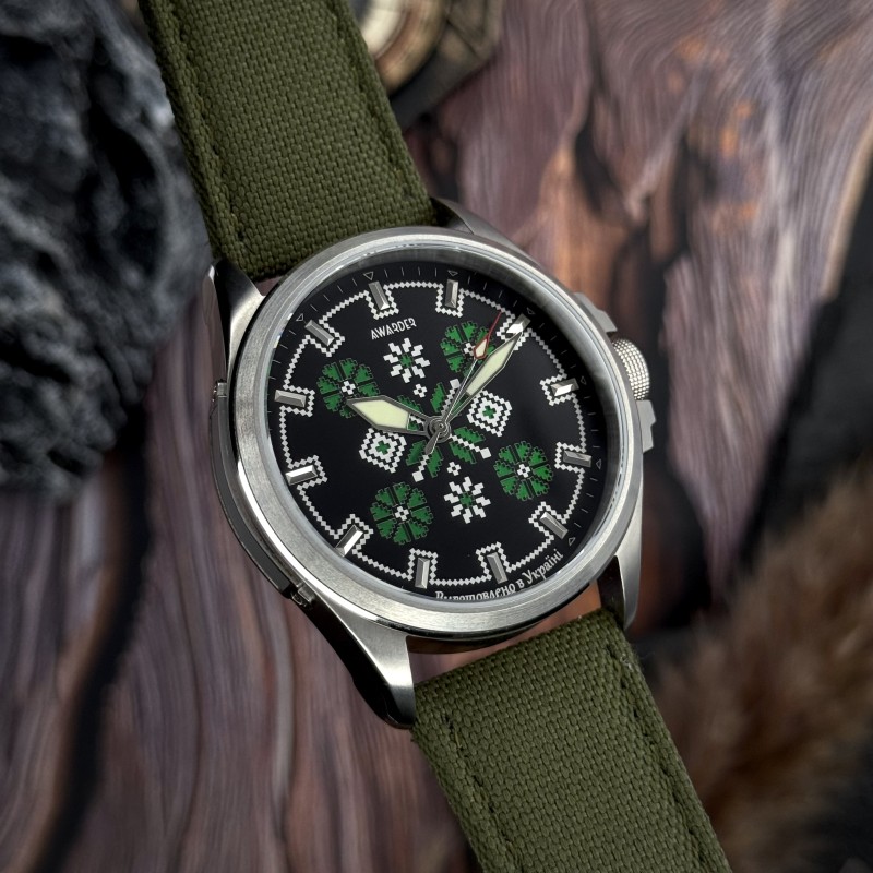 Мужские часы Awarder 041 Embroidery Silver-Green с сапфировым стеклом и водозащитой 10ATM