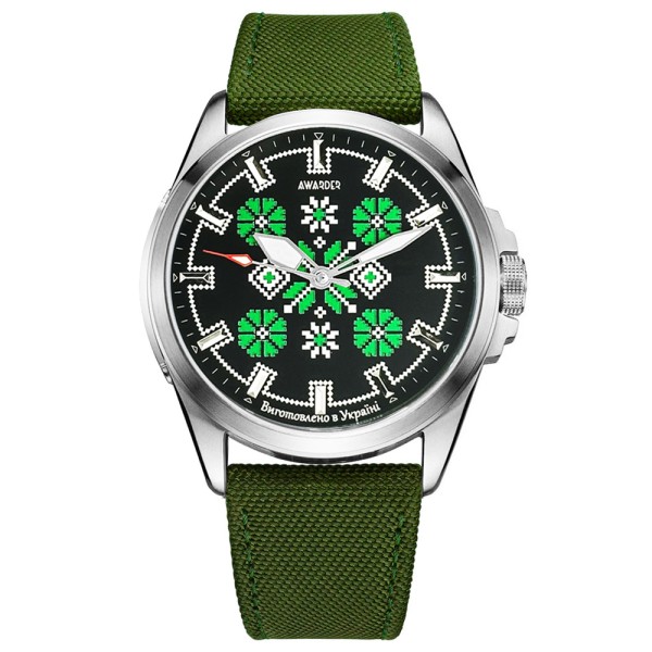 Мужские часы Awarder 041 Embroidery Silver-Green с сапфировым стеклом и водозащитой 10ATM