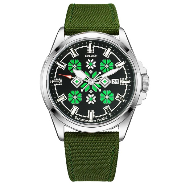 Чоловічий годинник Awarder 040 Embroidery Silver-Green Automatic з сапфіровим склом та водозахистом 10ATM