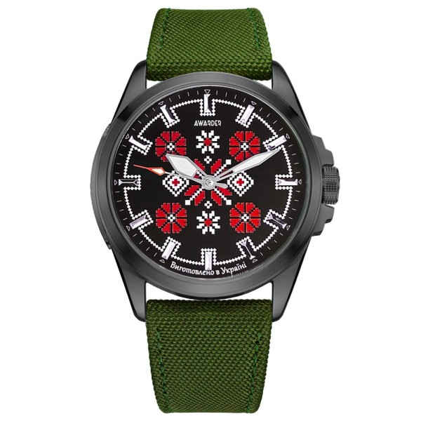 Мужские наручные часы Awarder 041 Embroidery Black-Red Green с сапфировым стеклом и водозащитой 10ATM
