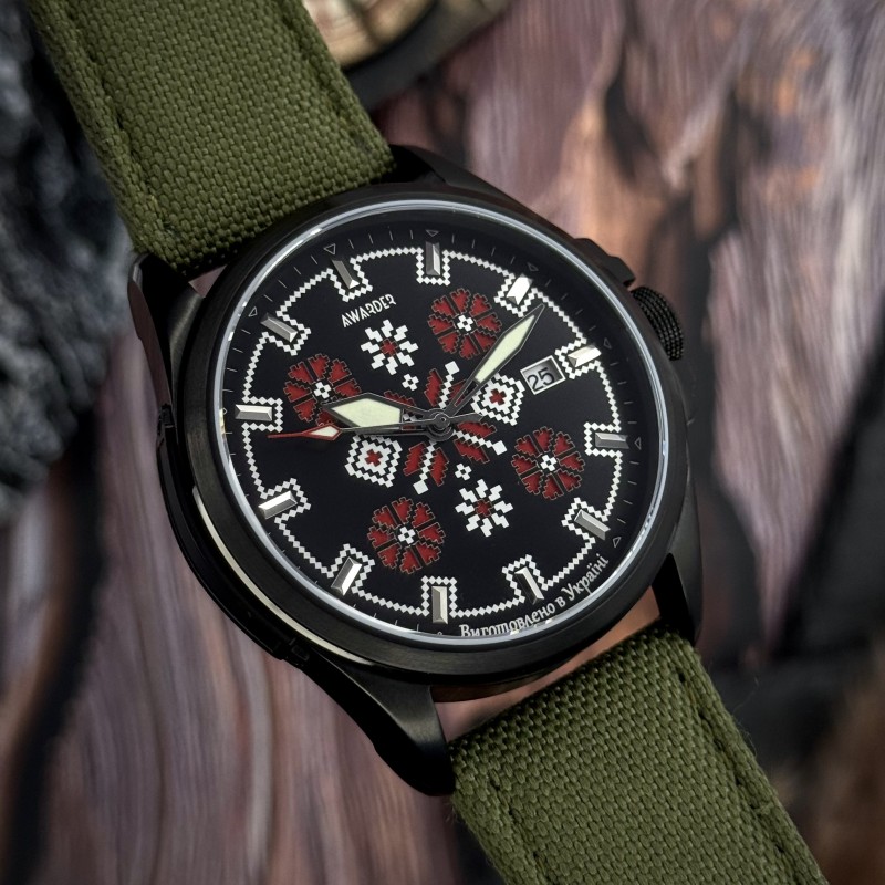 Мужские часы Awarder 040 Embroidery Black-Red Green Automatic с сапфировым стеклом и 10ATM