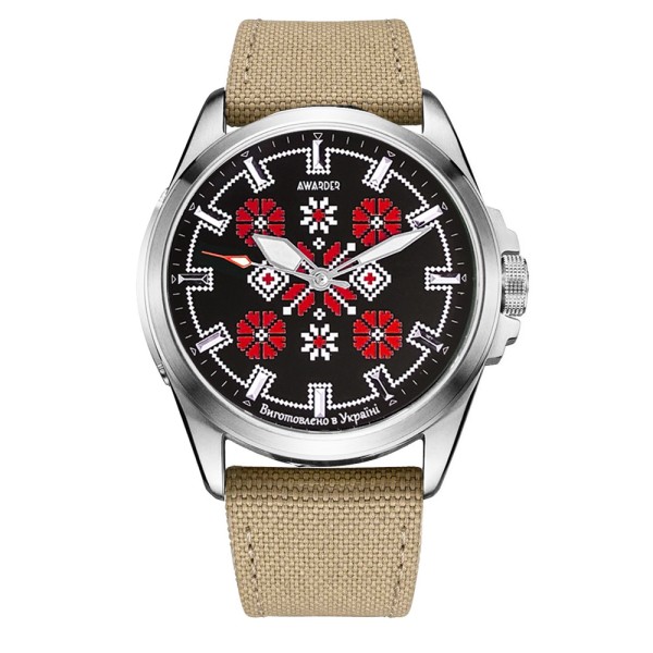 Чоловічий наручний годинник Awarder 041 Embroidery Silver-Red Khaki з сапфіровим склом та захистом 10ATM