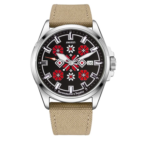 Чоловічий механічний годинник Awarder 040 Embroidery Silver-Red Khaki Automatic 10ATM із сапфіровим склом