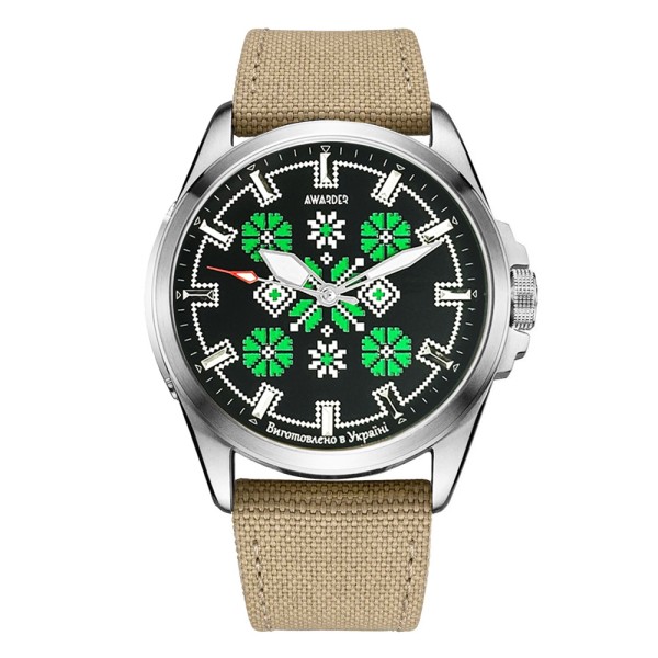 Мужские часы Awarder 041 Embroidery Silver-Green Khaki с сапфировым стеклом и водозащитой 10ATM