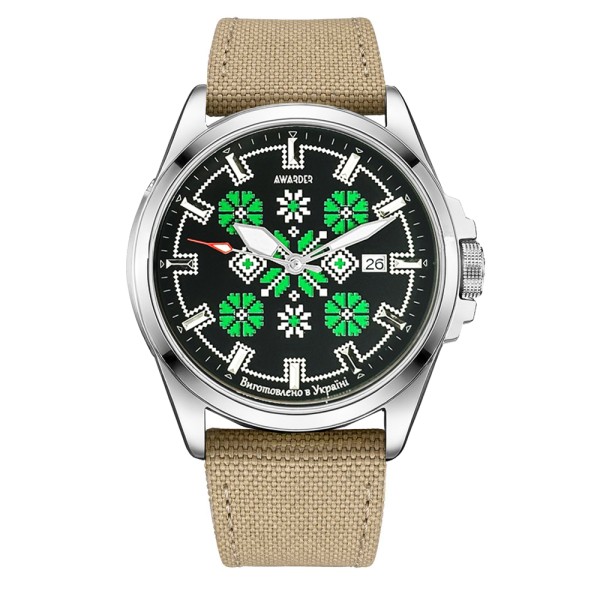 Чоловічий годинник Awarder 040 Embroidery Silver-Green Khaki Automatic з сапфіровим склом та захистом 10ATM