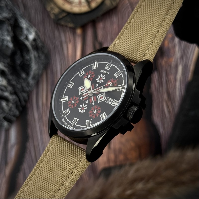 Мужские механические часы Awarder 040 Embroidery Black-Red Khaki Automatic 10ATM с сапфировым стеклом