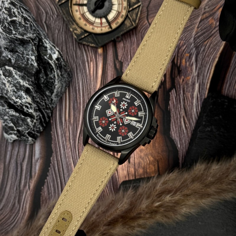 Мужские механические часы Awarder 040 Embroidery Black-Red Khaki Automatic 10ATM с сапфировым стеклом