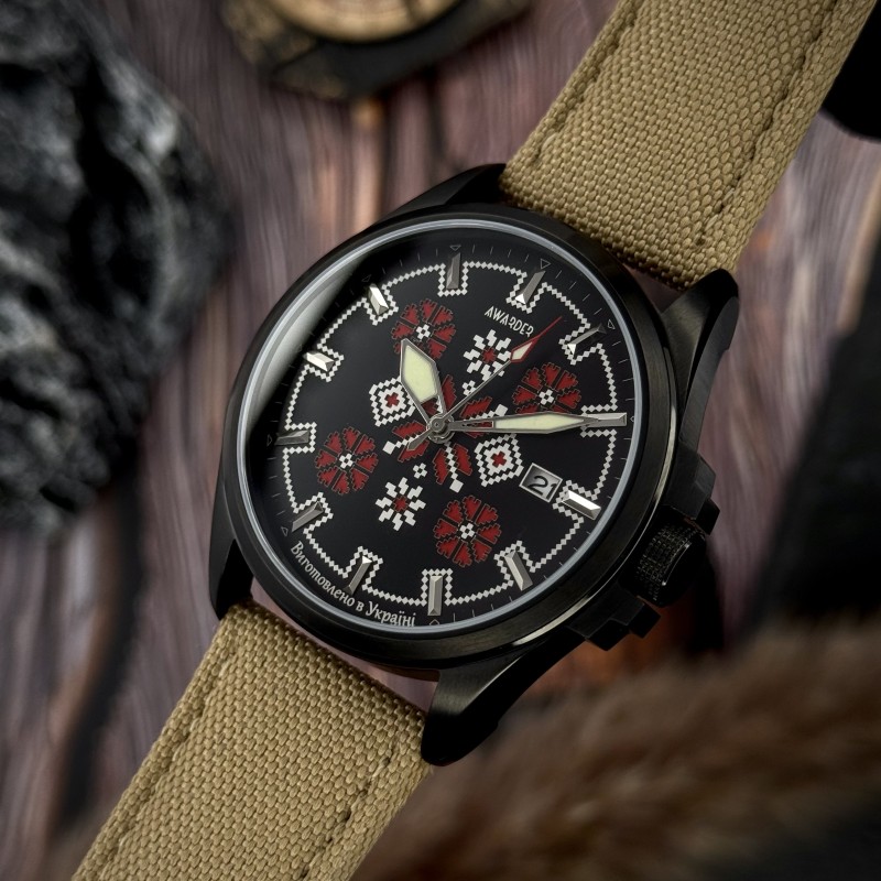 Мужские механические часы Awarder 040 Embroidery Black-Red Khaki Automatic 10ATM с сапфировым стеклом