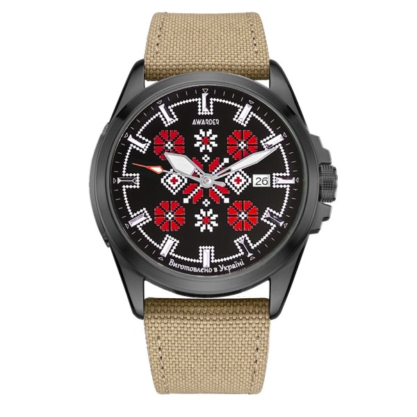 Мужские механические часы Awarder 040 Embroidery Black-Red Khaki Automatic 10ATM с сапфировым стеклом