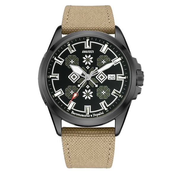 Годинник наручний Awarder 040 Embroidery Black-Army Green Khaki Automatic 10ATM механічний з сапфіровим склом