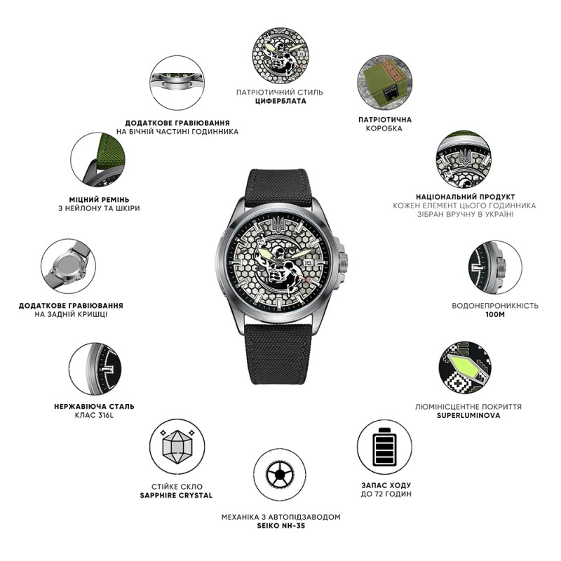 Мужские часы Awarder 040 Cossack Black-Black Automatic с сапфировым стеклом и защитой 10ATM