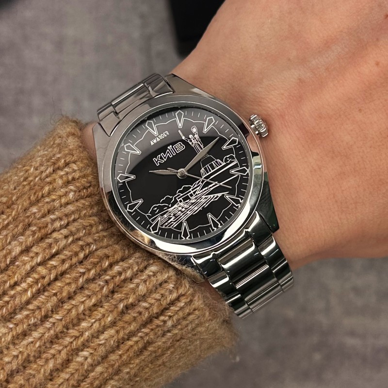 Жіночий годинник Awarder 035 Київ I Silver-Black зі сріблястим браслетом та чорним циферблатом