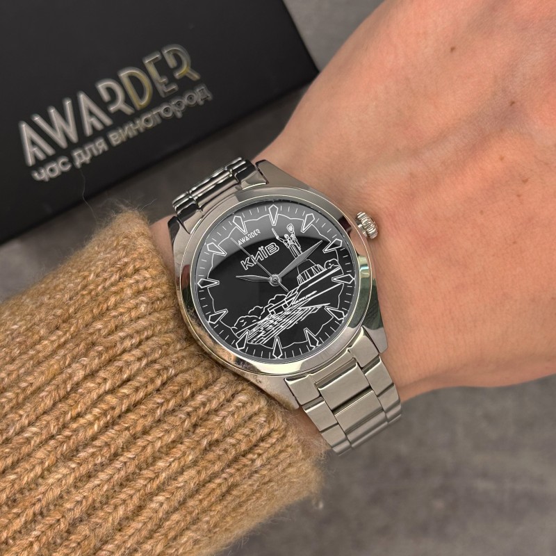 Жіночий годинник Awarder 035 Київ I Silver-Black зі сріблястим браслетом та чорним циферблатом