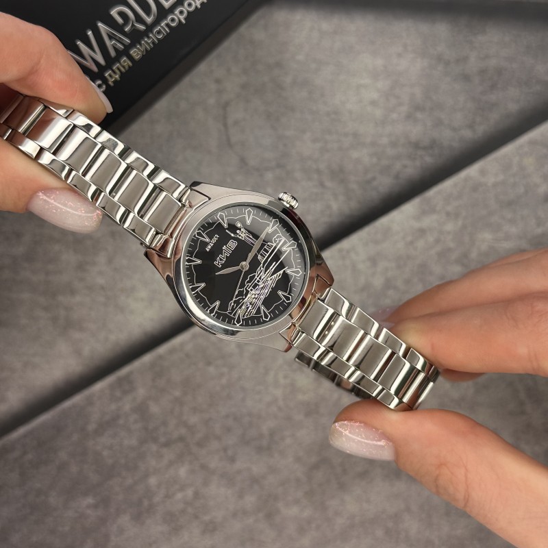 Жіночий годинник Awarder 035 Київ I Silver-Black зі сріблястим браслетом та чорним циферблатом