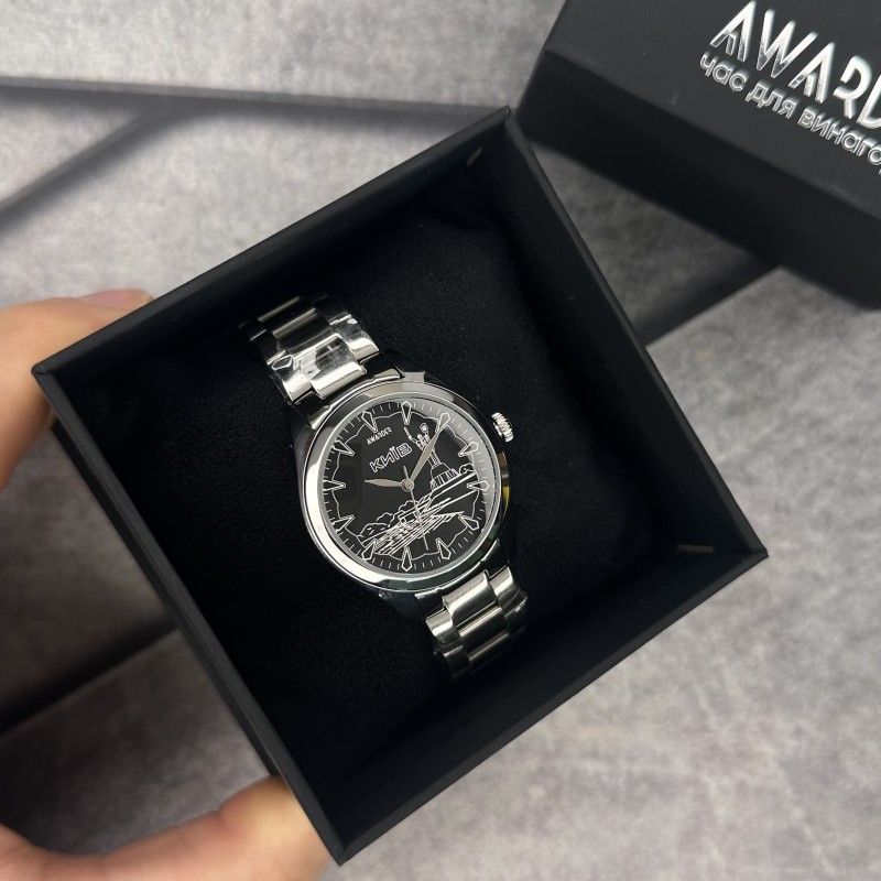 Жіночий годинник Awarder 035 Київ I Silver-Black зі сріблястим браслетом та чорним циферблатом