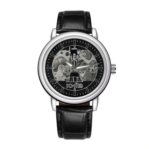 Мужские механические часы Awarder 022 Киев II Silver-Black с серебристым корпусом и кожаным ремешком
