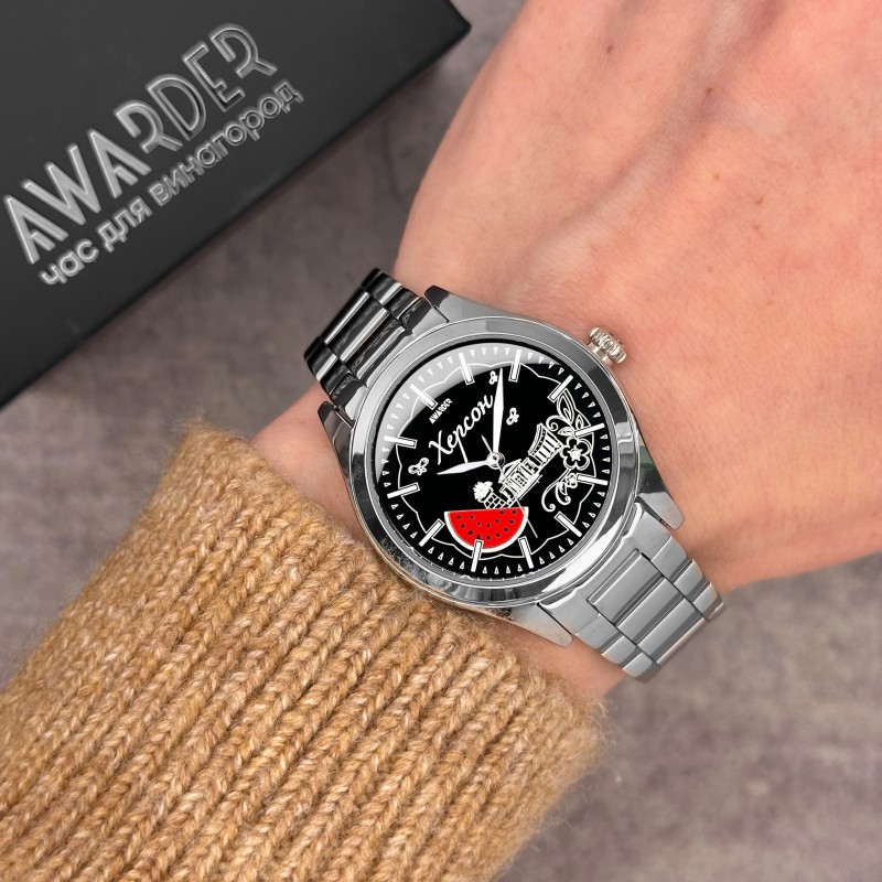 Жіночий годинник Awarder 035 Херсон I Silver-Black, сріблястий сталевий браслет та чорний циферблат