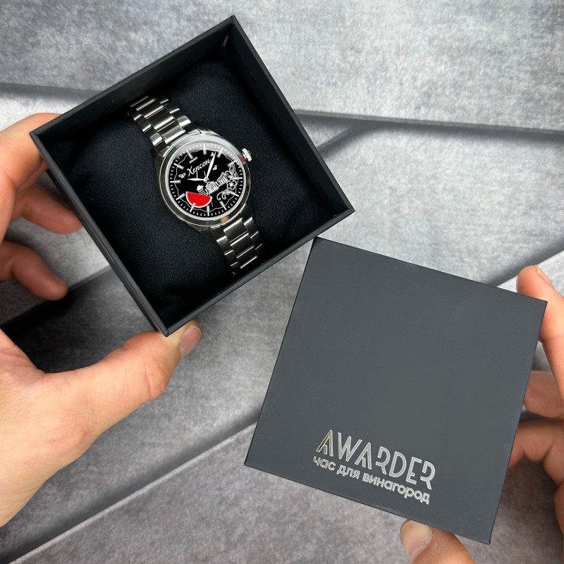 Жіночий годинник Awarder 035 Херсон I Silver-Black, сріблястий сталевий браслет та чорний циферблат