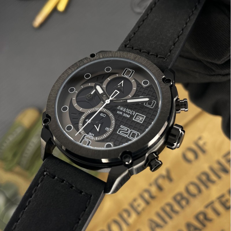 Мужские часы Awarder 016 Black с хронографом и кожаным ремешком (SKU: 1202-0084)