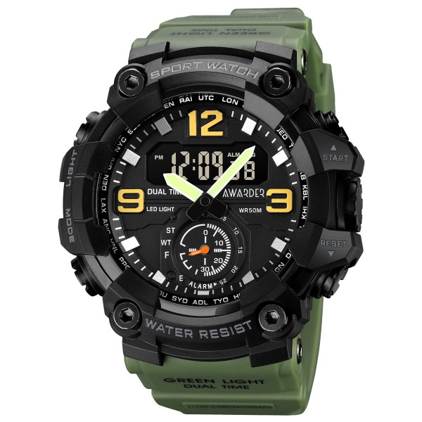 Мужские тактические часы Awarder 003 Army Green со стрелочно-электронным циферблатом и подсветкой