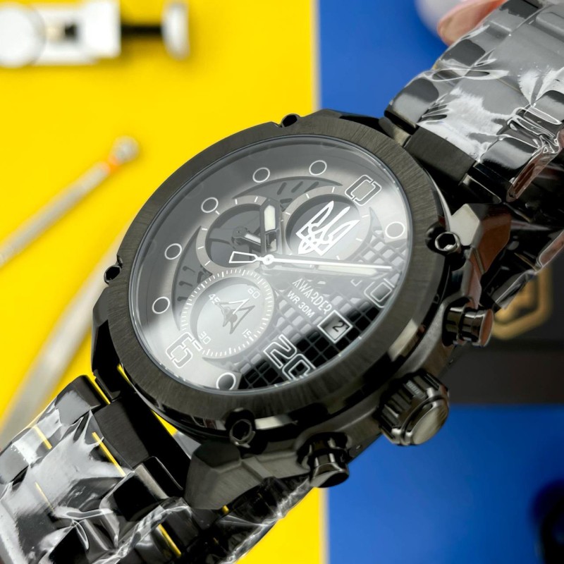 Мужские часы Awarder 016 Тризуб Black-Black Steel с хронографом и стальным браслетом