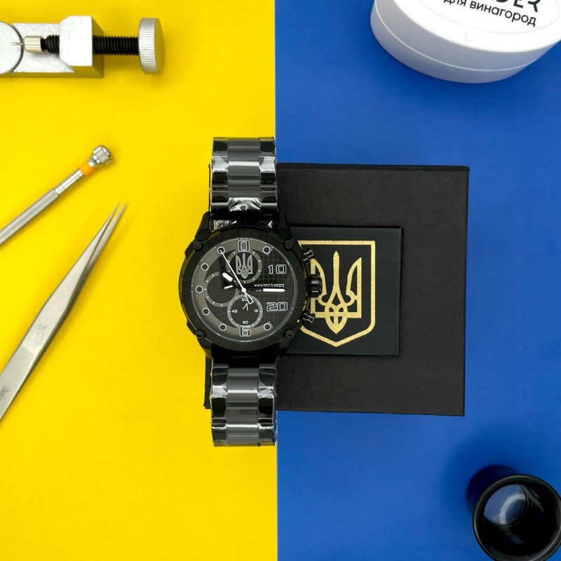 Мужские часы Awarder 016 Тризуб Black-Black Steel с хронографом и стальным браслетом
