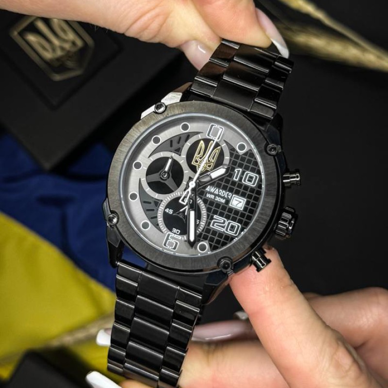 Мужские часы Awarder 016 Тризуб золото Black-Black Steel с хронографом и стальным браслетом