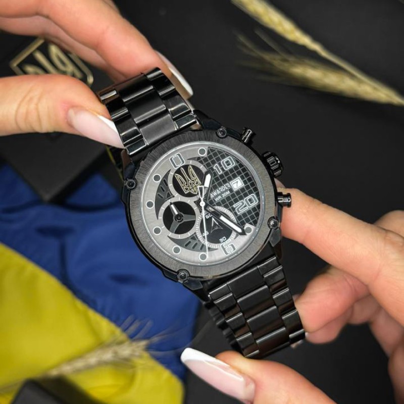 Мужские часы Awarder 016 Тризуб золото Black-Black Steel с хронографом и стальным браслетом