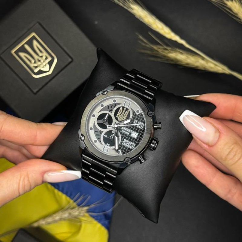 Мужские часы Awarder 016 Тризуб золото Black-Black Steel с хронографом и стальным браслетом