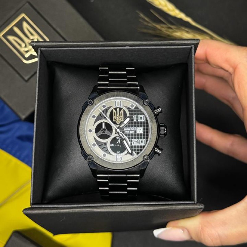 Мужские часы Awarder 016 Тризуб золото Black-Black Steel с хронографом и стальным браслетом